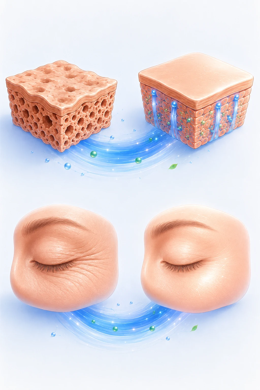 未紧致与紧致肌肤的卡通组织块对比